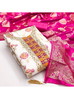 Cream Jacquard Suit Fabric with Ornate Pink Banarasi Dupatta for Festive Occasions. - Image 2