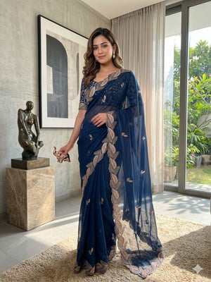 Stunning Blue Leaf Pattern Zari Embroidery Shimmer Saree With Luxurious Sparkling Texture - Image 1