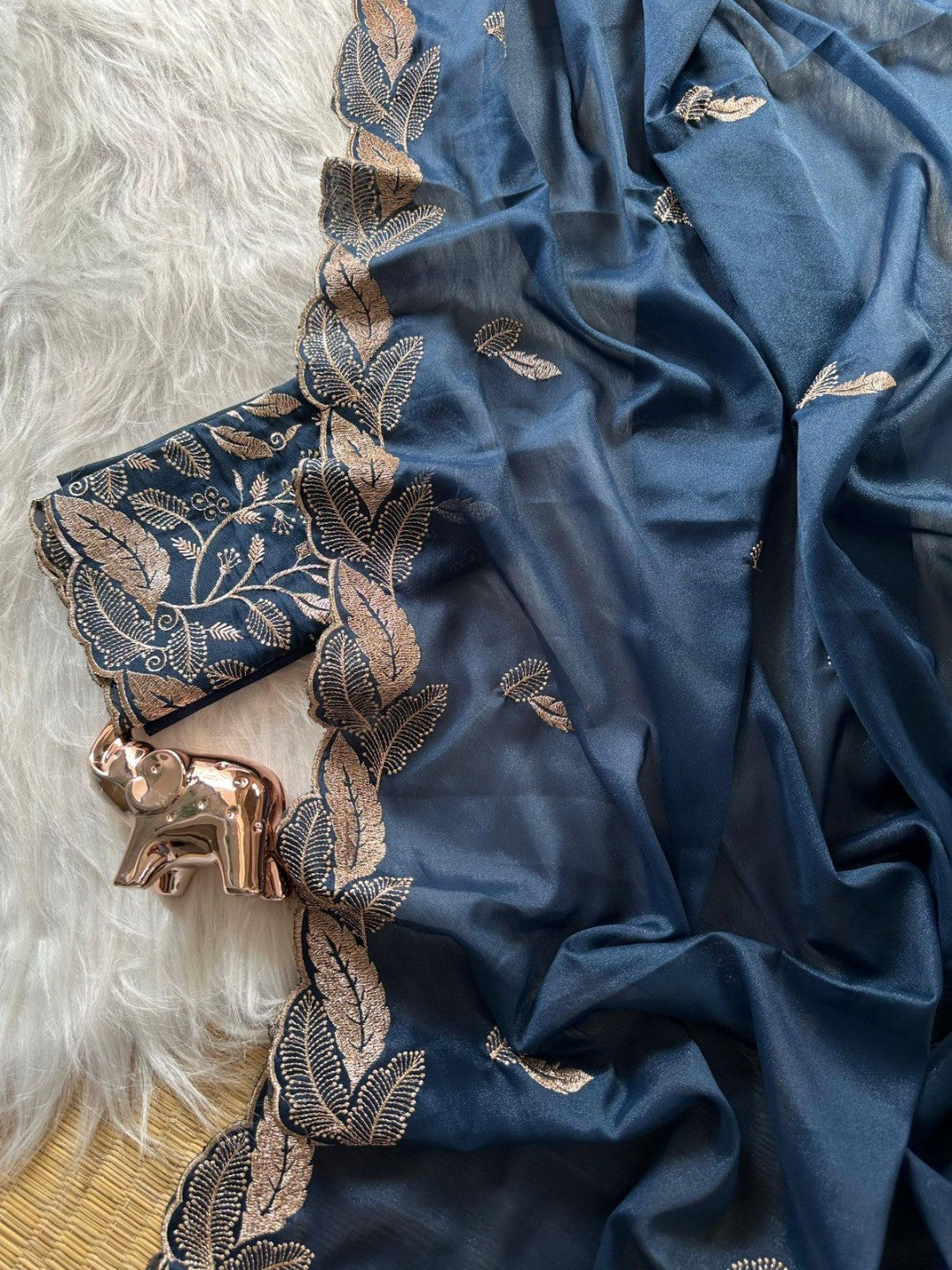 Stunning Blue Leaf Pattern Zari Embroidery Shimmer Saree With Luxurious Sparkling Texture - Image 3