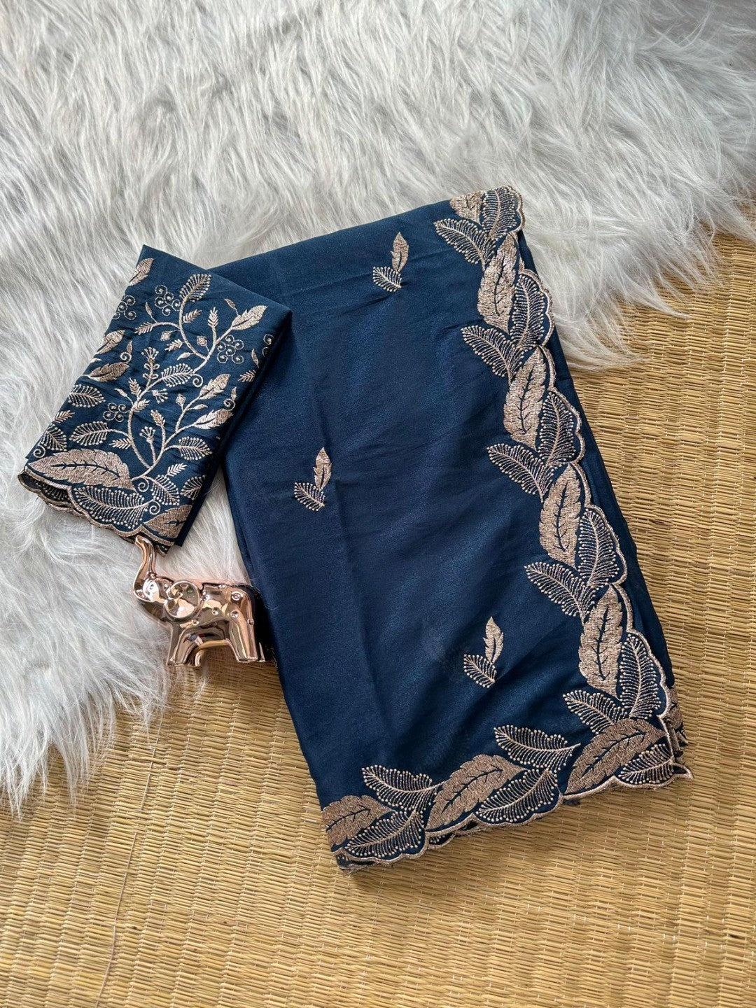 Stunning Blue Leaf Pattern Zari Embroidery Shimmer Saree With Luxurious Sparkling Texture - Image 5