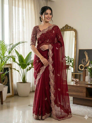 Elegant Red Shimmer Saree with Zari Work Embroidery - Image 1