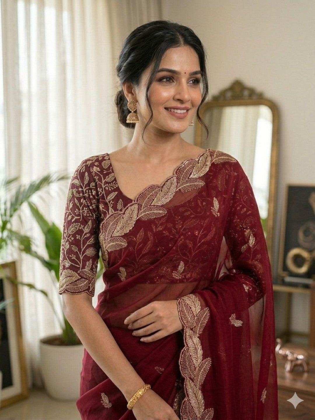 Elegant Red Shimmer Saree with Zari Work Embroidery - Image 3