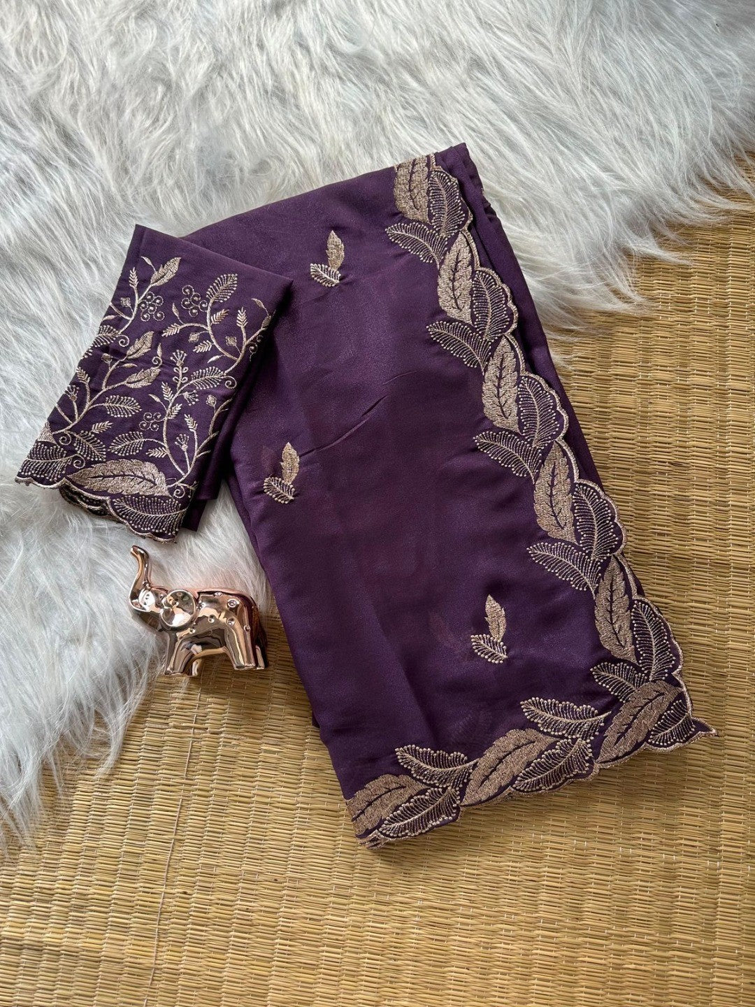 Stunning Wine Leaf Pattern Zari Embroidery Shimmer Saree With Luxurious Sparkling Texture - Image 3