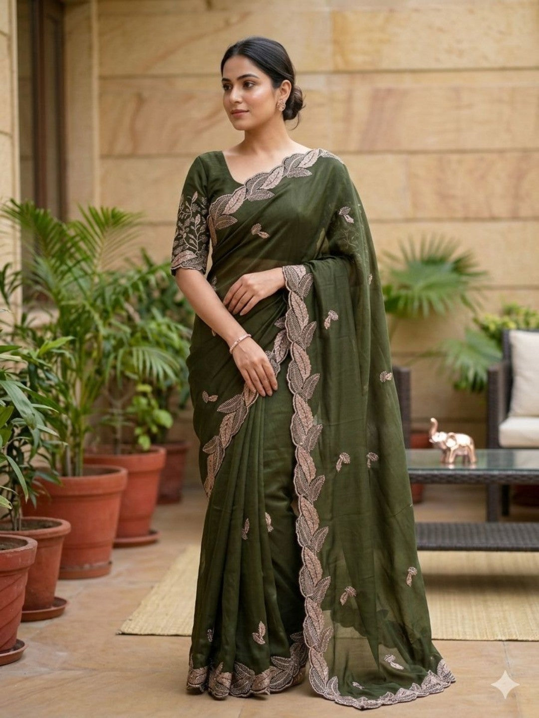 Stunning Green Leaf Pattern Zari Embroidery Shimmer Saree With Luxurious Sparkling Texture - Image 1