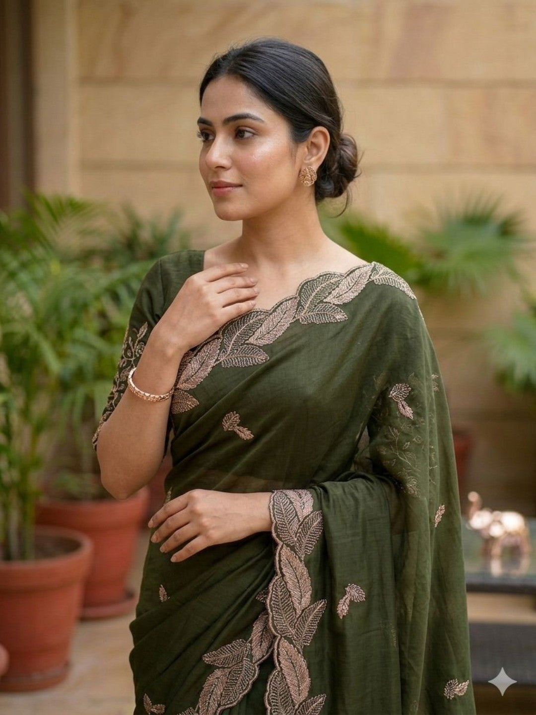 Stunning Green Leaf Pattern Zari Embroidery Shimmer Saree With Luxurious Sparkling Texture - Image 3