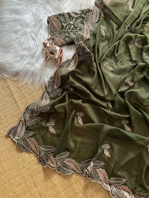 Stunning Green Leaf Pattern Zari Embroidery Shimmer Saree With Luxurious Sparkling Texture - Image 2