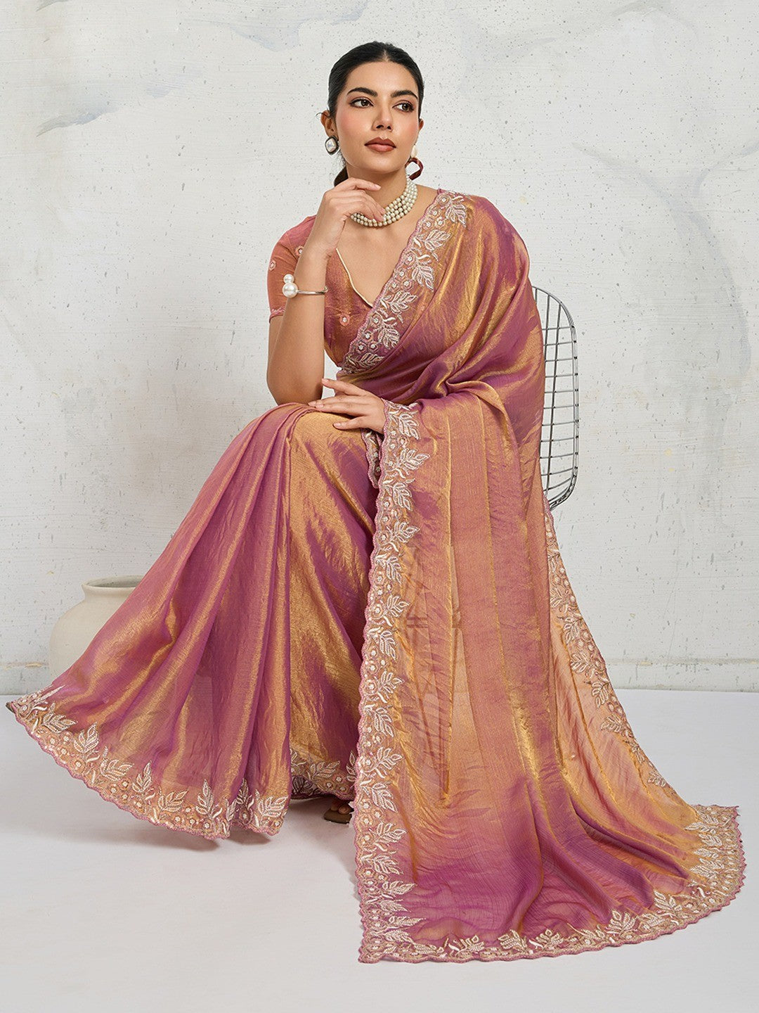 Elegant Wine Floral Thread & Zari Embroidered Chiffon Velvet Saree With Shimmering Sequins - Image 5