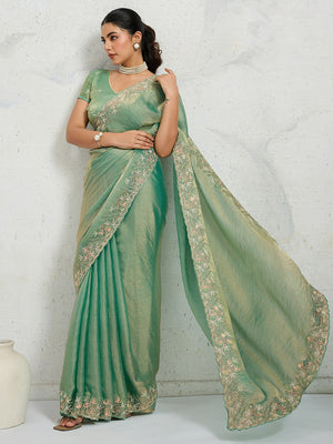 Elegant Sea Green Floral Thread & Zari Embroidered Chiffon Velvet Saree With Shimmering Sequins - Image 1