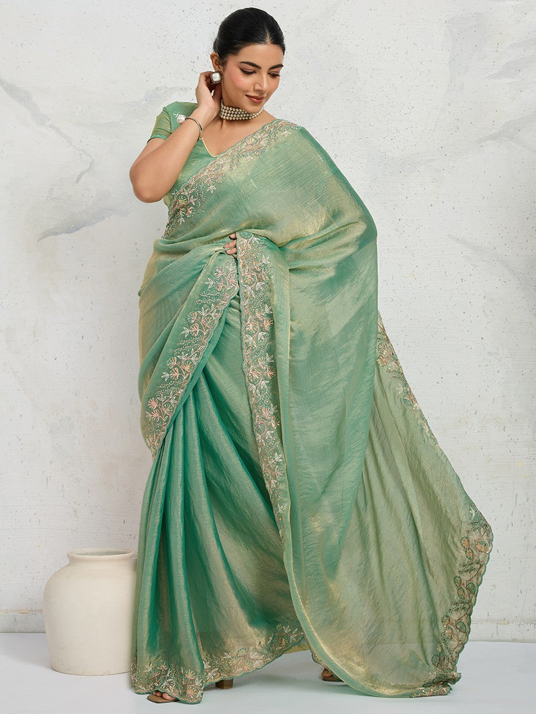 Elegant Sea Green Floral Thread & Zari Embroidered Chiffon Velvet Saree With Shimmering Sequins - Image 3
