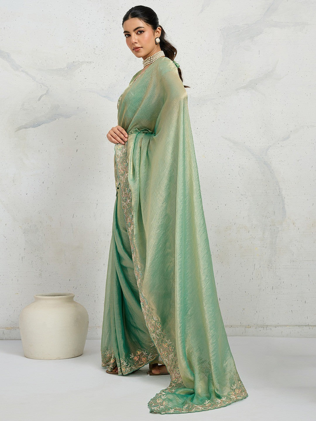Elegant Sea Green Floral Thread & Zari Embroidered Chiffon Velvet Saree With Shimmering Sequins - Image 4