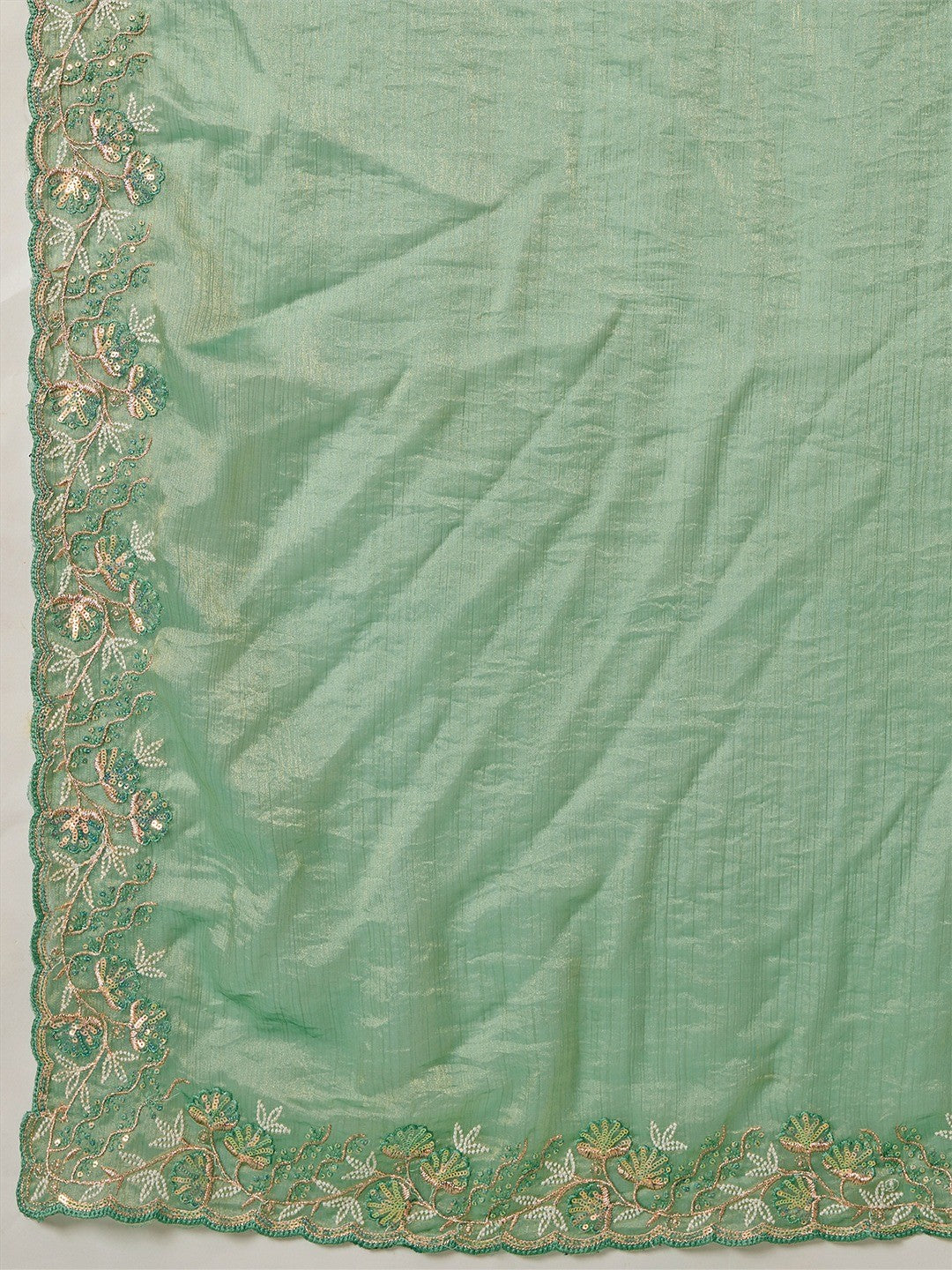 Elegant Sea Green Floral Thread & Zari Embroidered Chiffon Velvet Saree With Shimmering Sequins - Image 7
