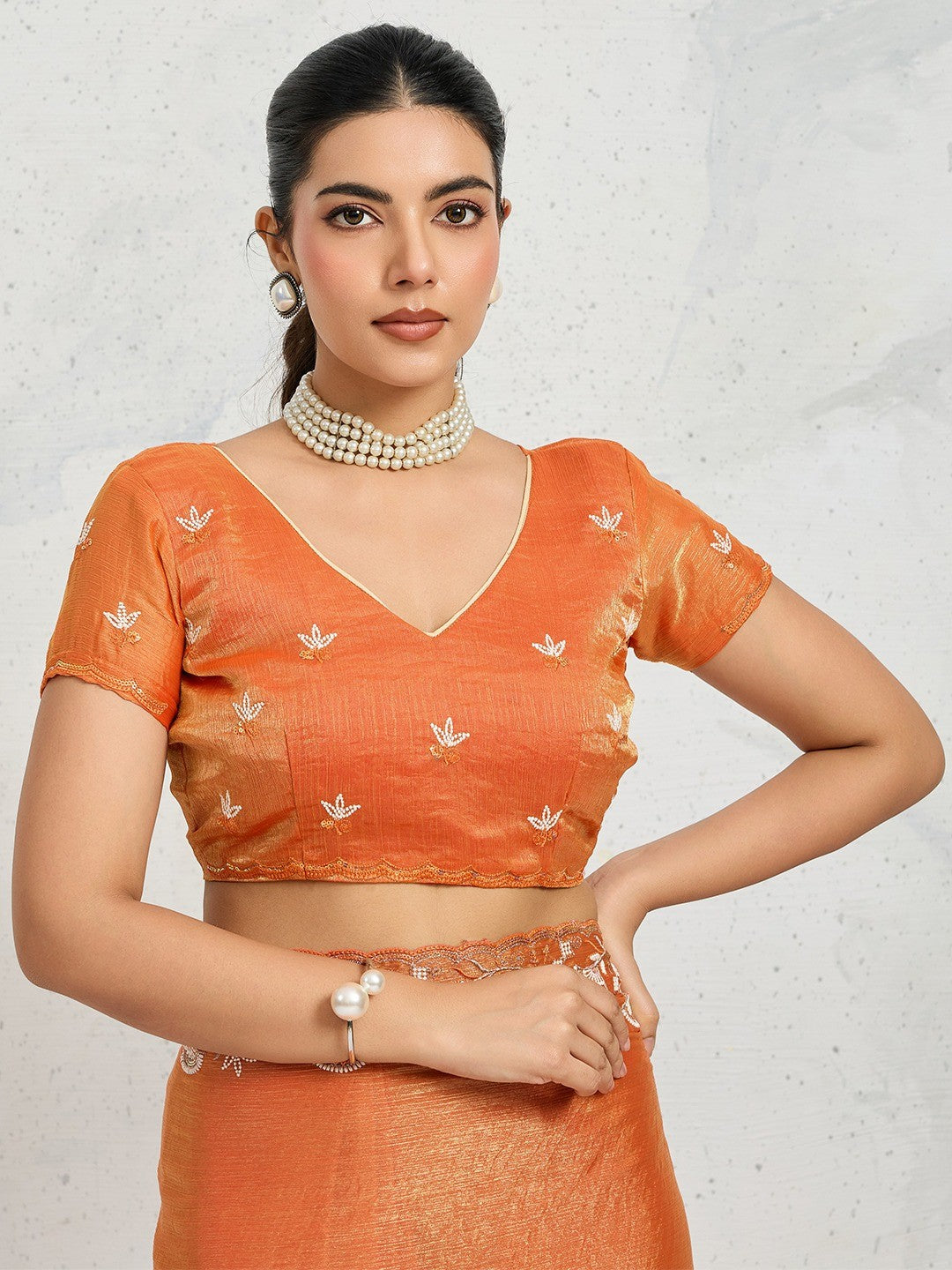 Elegant Orange Floral Thread & Zari Embroidered Chiffon Velvet Saree With Shimmering Sequins - Image 3