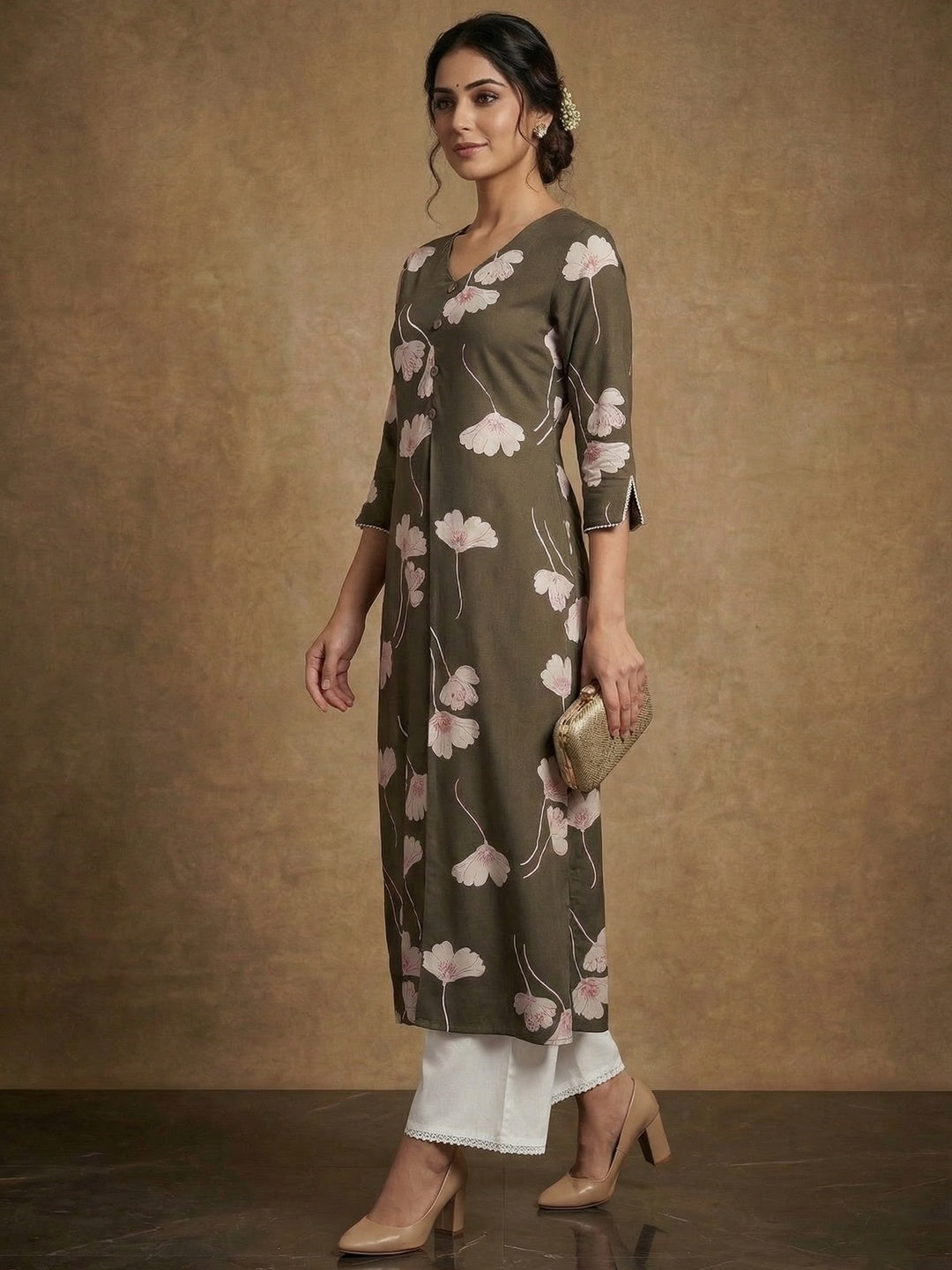 Green Floral Print Rayon Kurta Paired with Classic White Bottom for Stylish Casual Look - Image 2