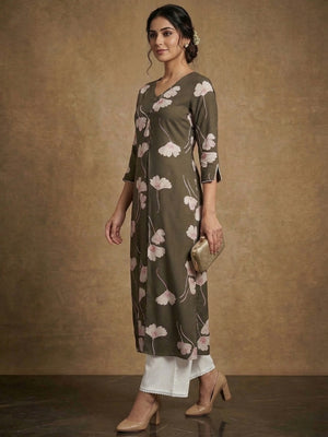 Green Floral Print Rayon Kurta Paired with Classic White Bottom for Stylish Casual Look - Image 2