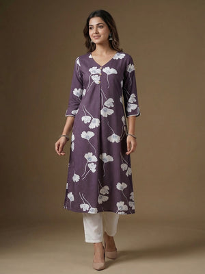 Purple Floral Print A-Line Rayon Kurta Paired with Classic White Bottom for Stylish Casual Look - Image 1