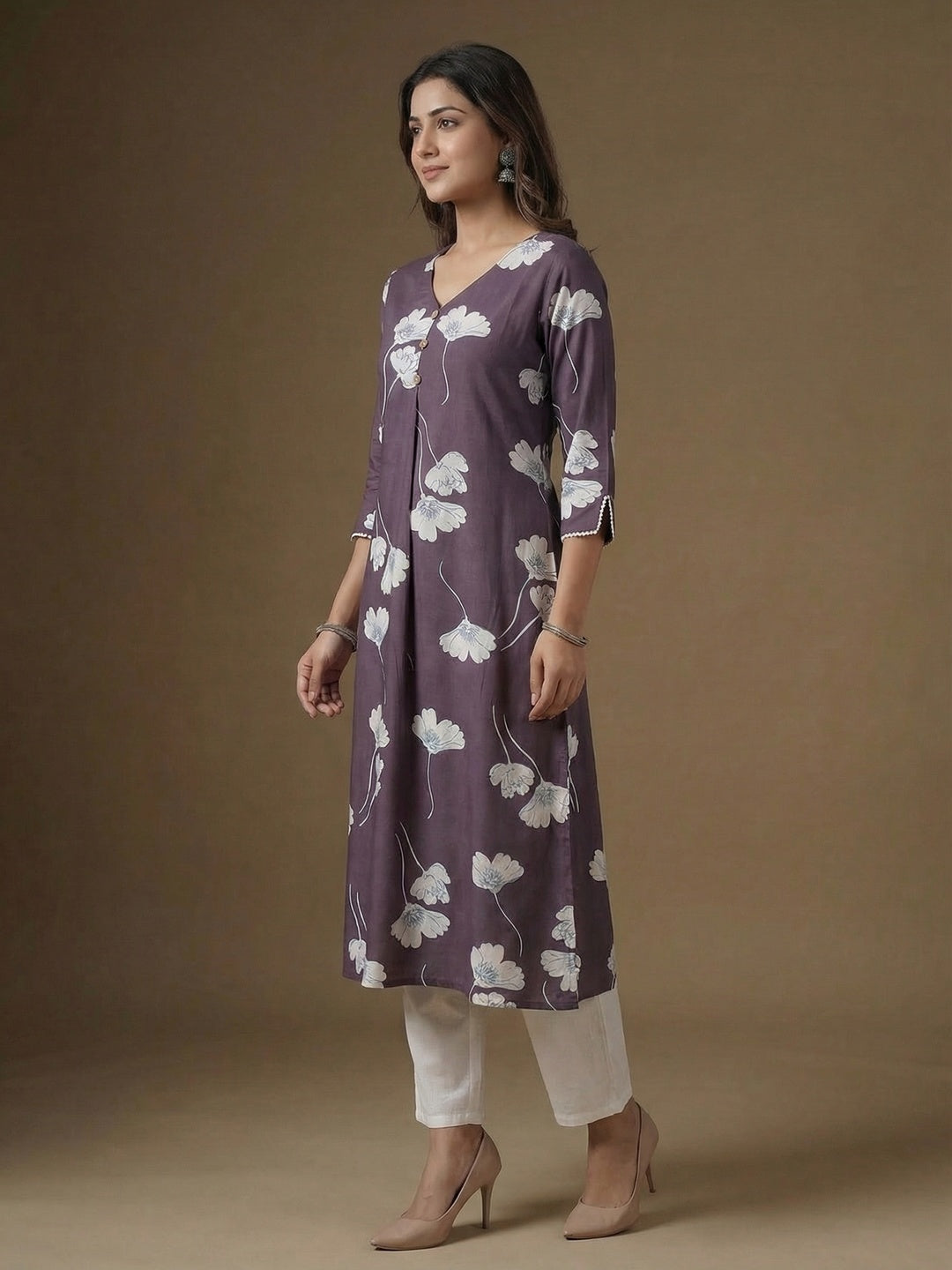 Purple Floral Print A-Line Rayon Kurta Paired with Classic White Bottom for Stylish Casual Look - Image 2