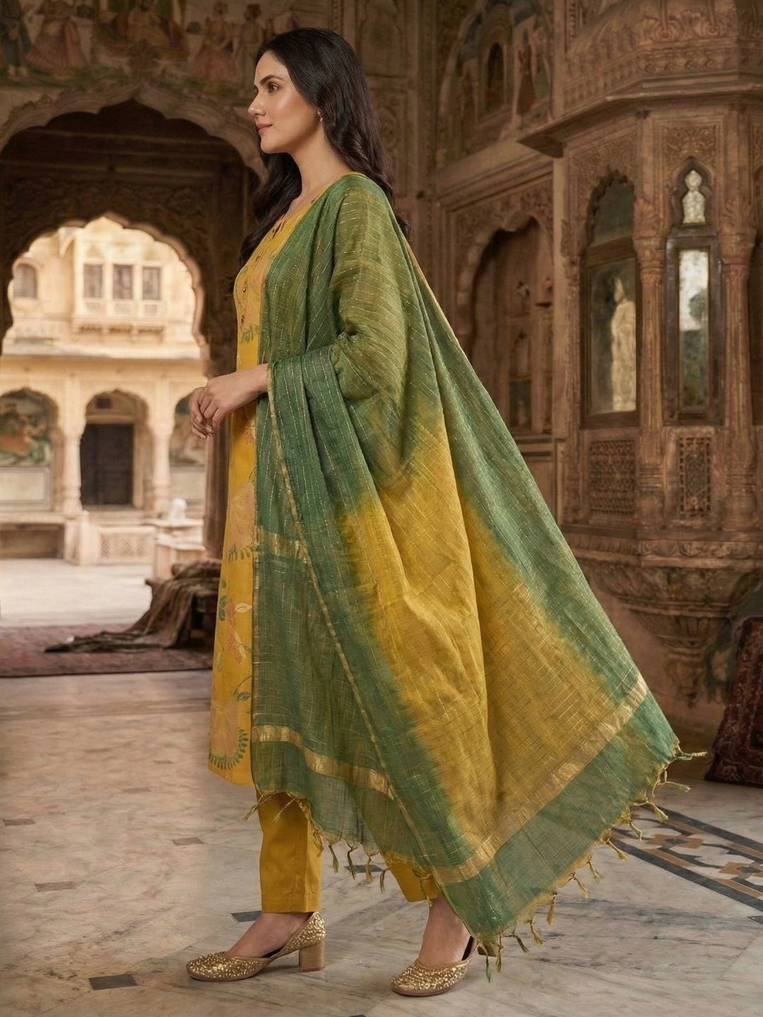 Mustard Viscose Floral Print Straight Cut Salwar Suit Set for Effortless Traditional Fashion - Image 2