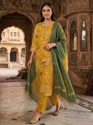 Mustard Viscose Floral Print Straight Cut Salwar Suit Set for Effortless Traditional Fashion - Image 1