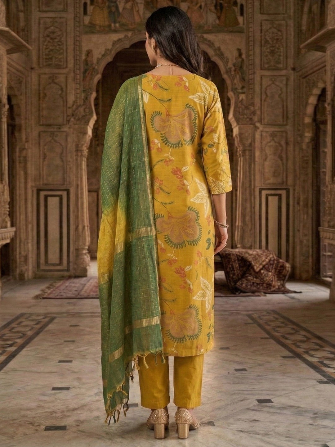 Mustard Viscose Floral Print Straight Cut Salwar Suit Set for Effortless Traditional Fashion - Image 3
