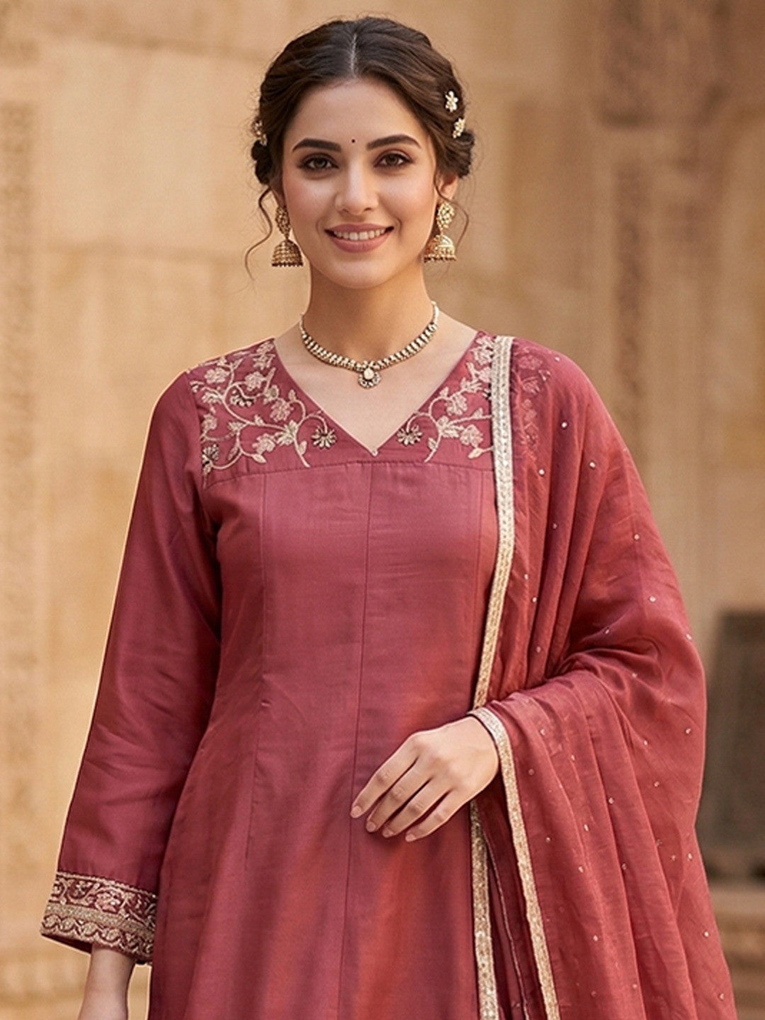 Pink Shimmer A-Line Salwar Suit with Embroidered Design and Elegant Flowing Fit - Image 2