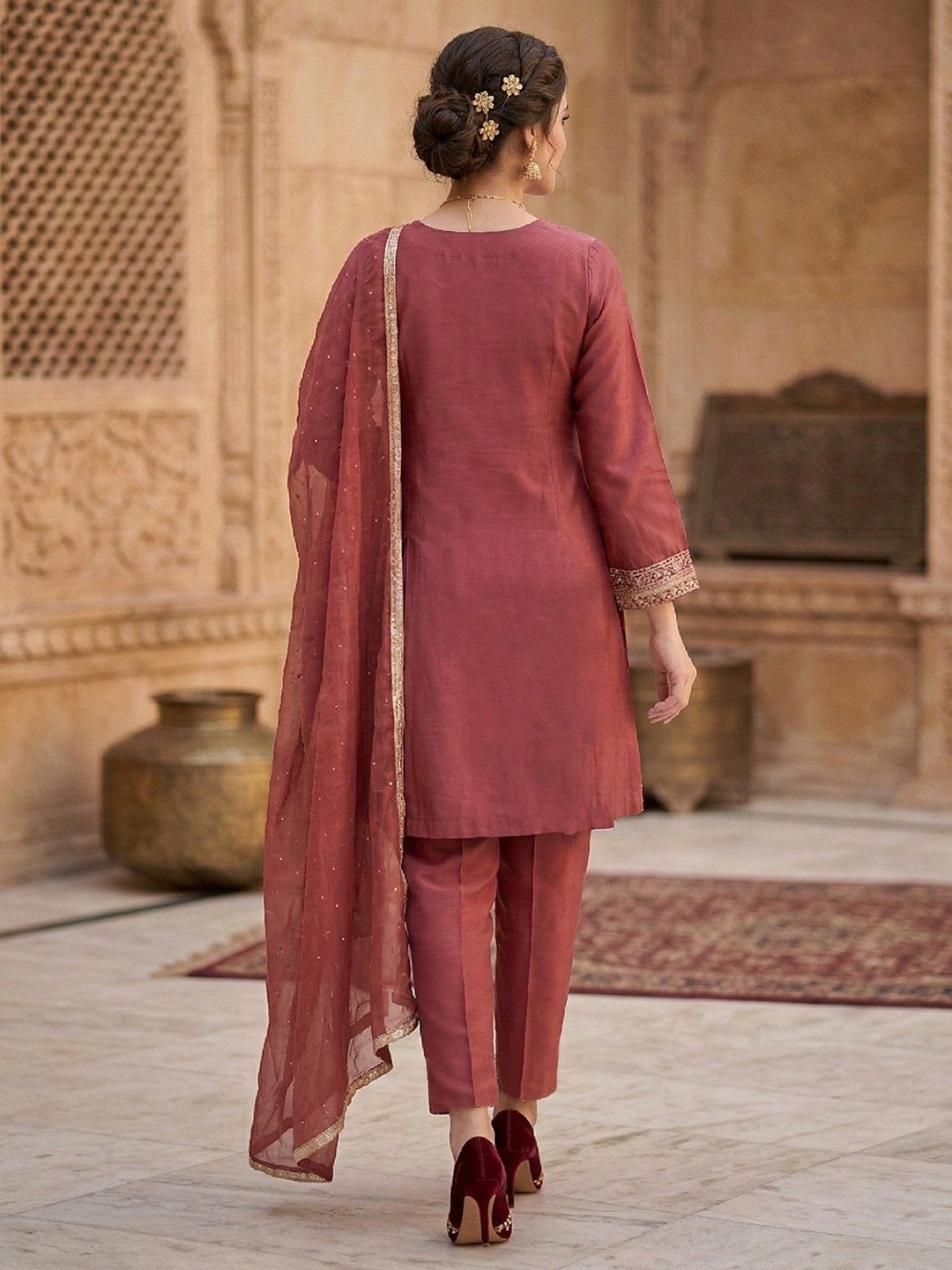 Pink Shimmer A-Line Salwar Suit with Embroidered Design and Elegant Flowing Fit - Image 3