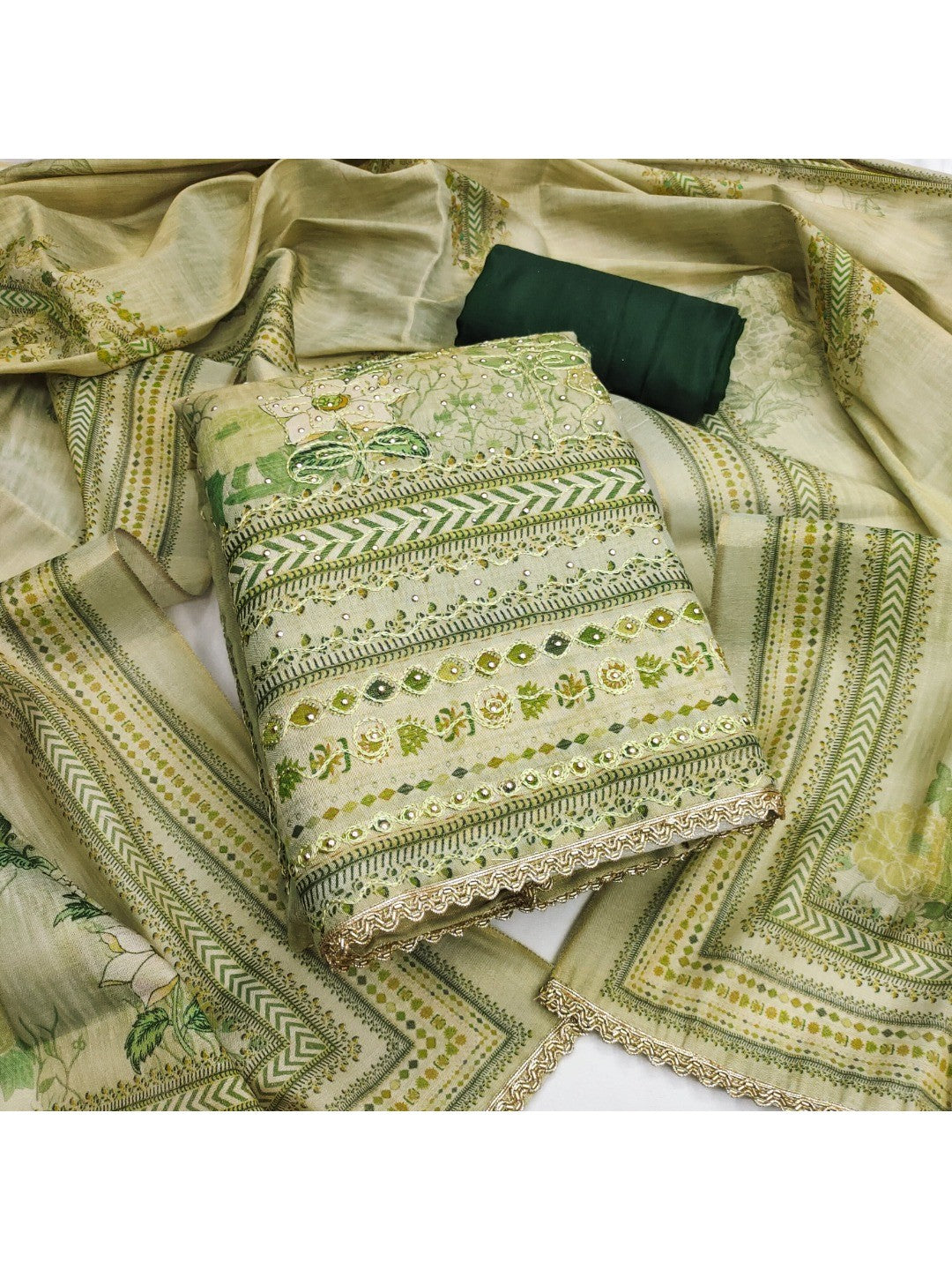 Elegant Green Viscose Digital Print Dress Material with Hand Work - Image 2