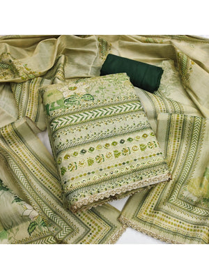 Elegant Green Viscose Digital Print Dress Material with Hand Work - Image 1