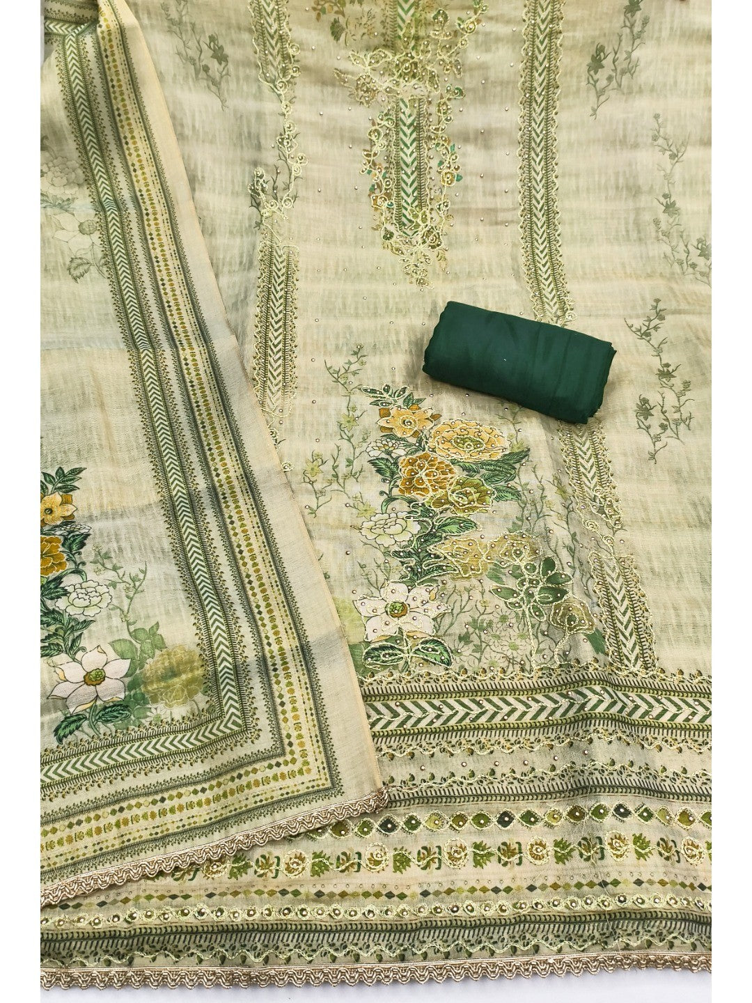 Elegant Green Viscose Digital Print Dress Material with Hand Work - Image 3