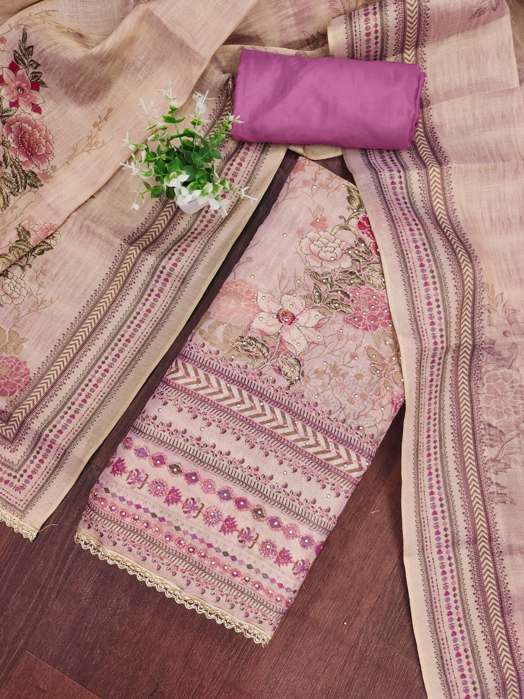 Mauve Viscose Dress Material with Floral Print & Embellishments - Image 3