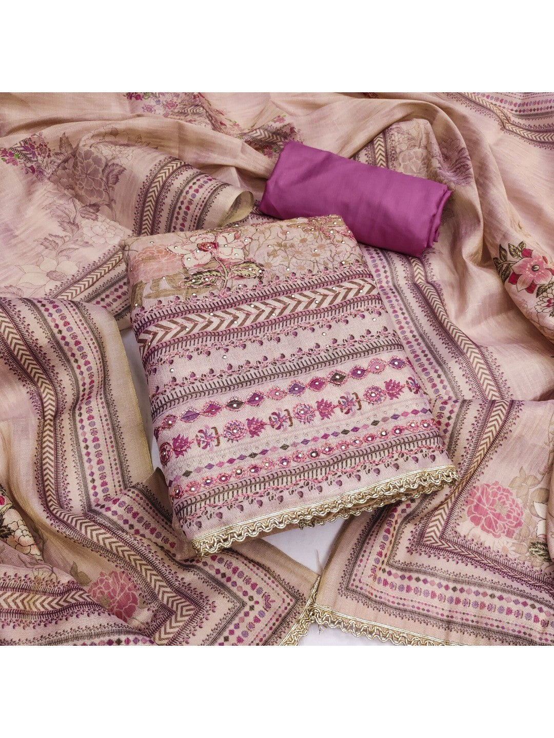 Mauve Viscose Dress Material with Floral Print & Embellishments - Image 1