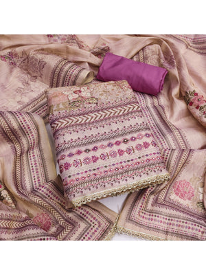 Mauve Viscose Dress Material with Floral Print & Embellishments - Image 1