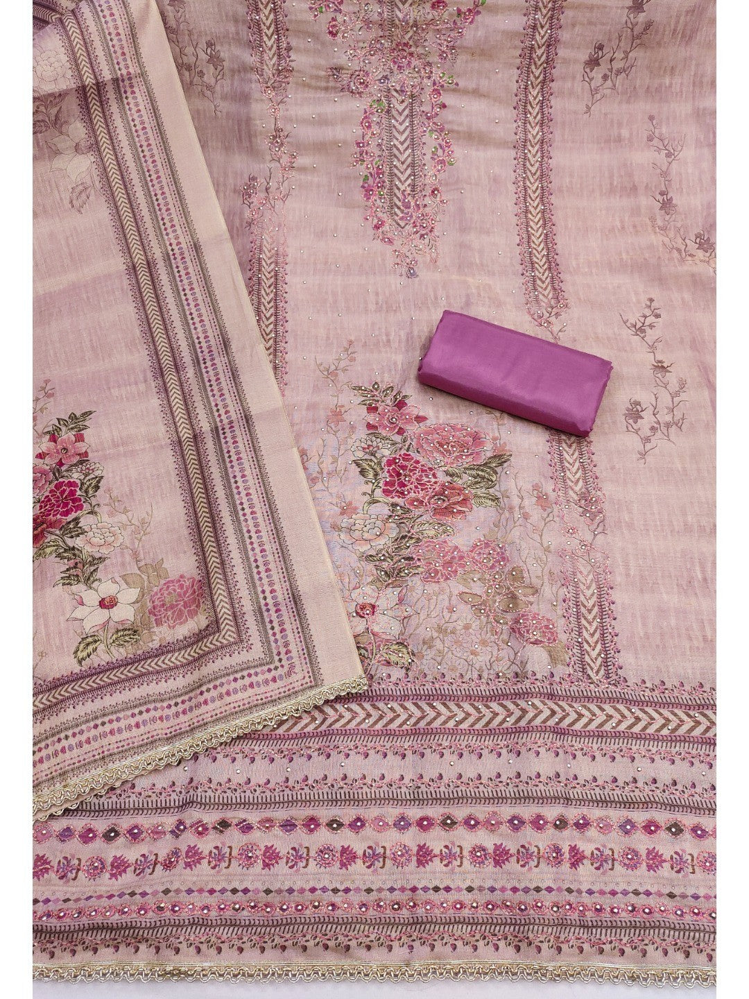 Mauve Viscose Dress Material with Floral Print & Embellishments - Image 4