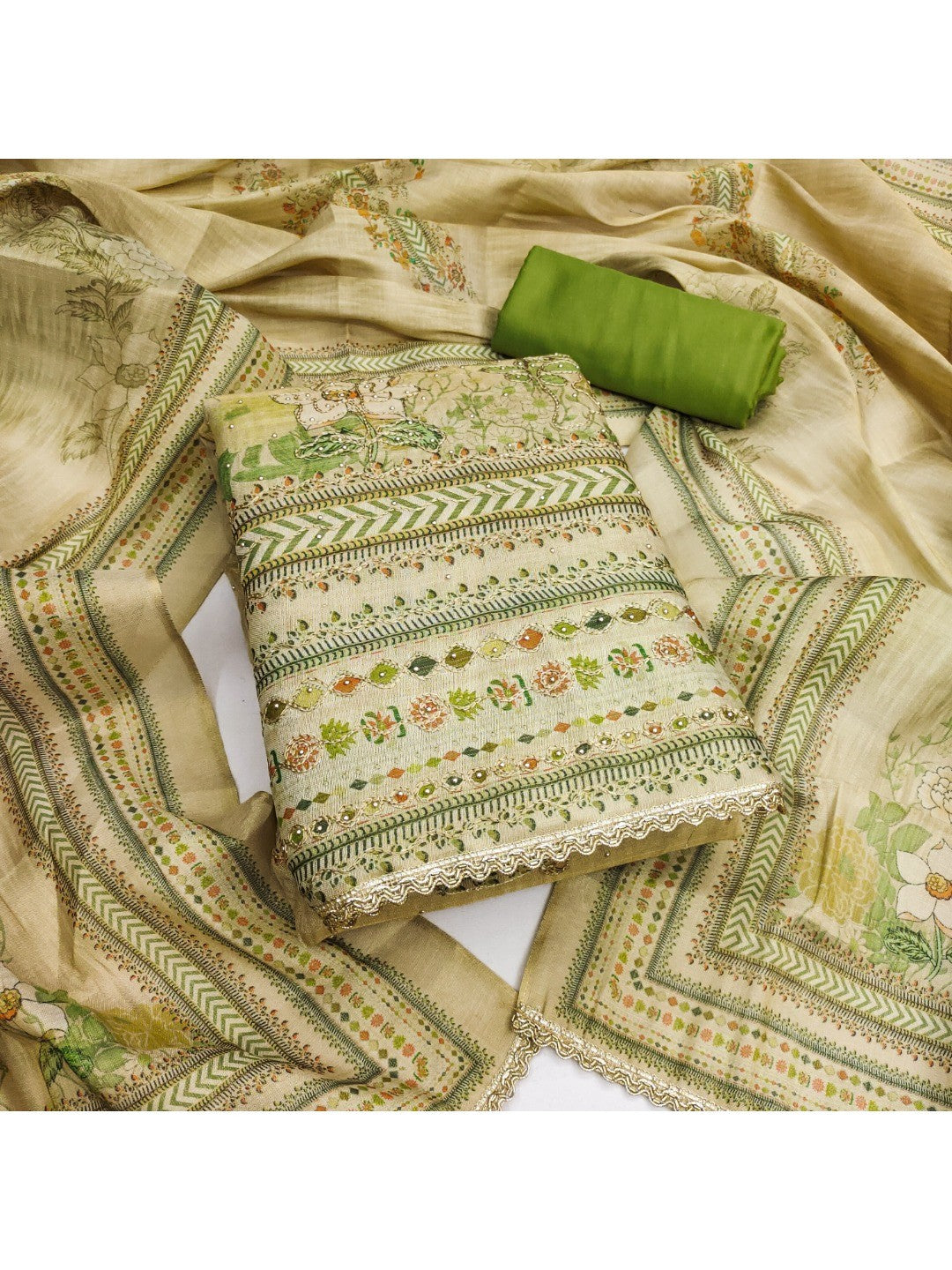 Green Floral Printed Viscose Dress Material with Dupatta - Image 1