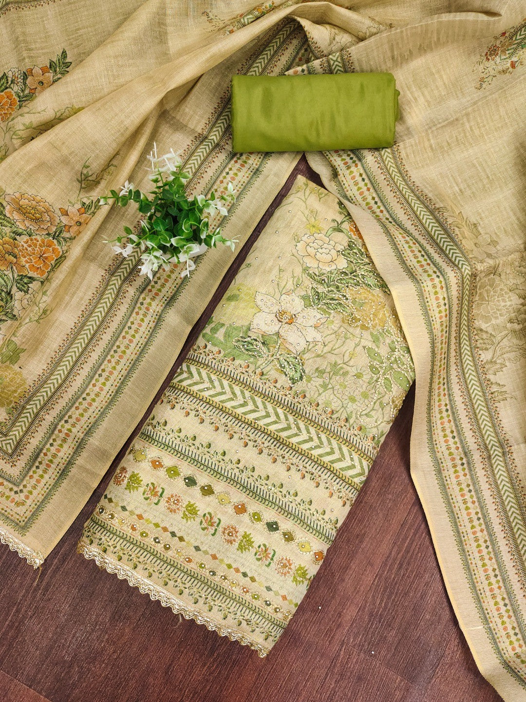 Green Floral Printed Viscose Dress Material with Dupatta - Image 3