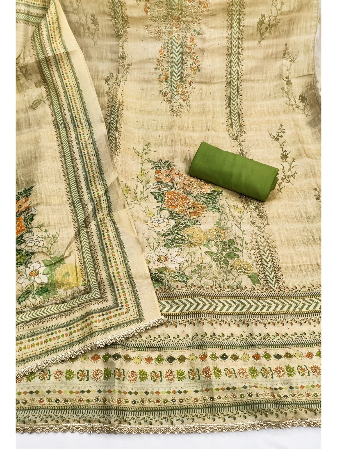 Green Floral Printed Viscose Dress Material with Dupatta - Image 4