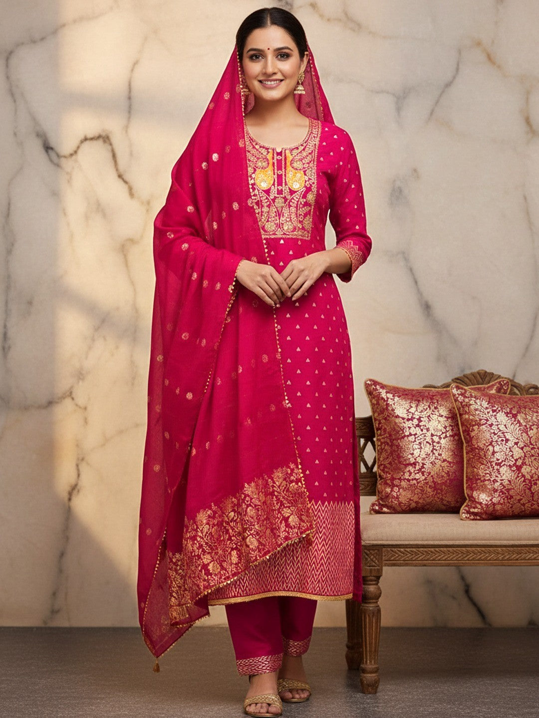 Pink Banarasi Silk Dress Material with Coding Work & Zakhard Dupatta - Image 1