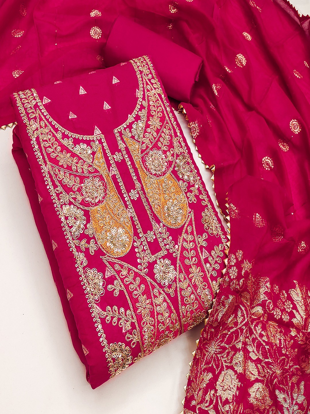 Pink Banarasi Silk Dress Material with Coding Work & Zakhard Dupatta - Image 3