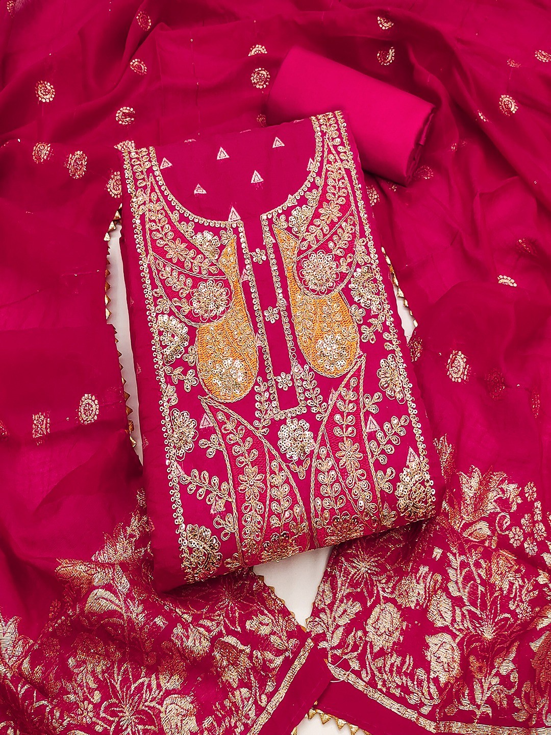 Pink Banarasi Silk Dress Material with Coding Work & Zakhard Dupatta - Image 1
