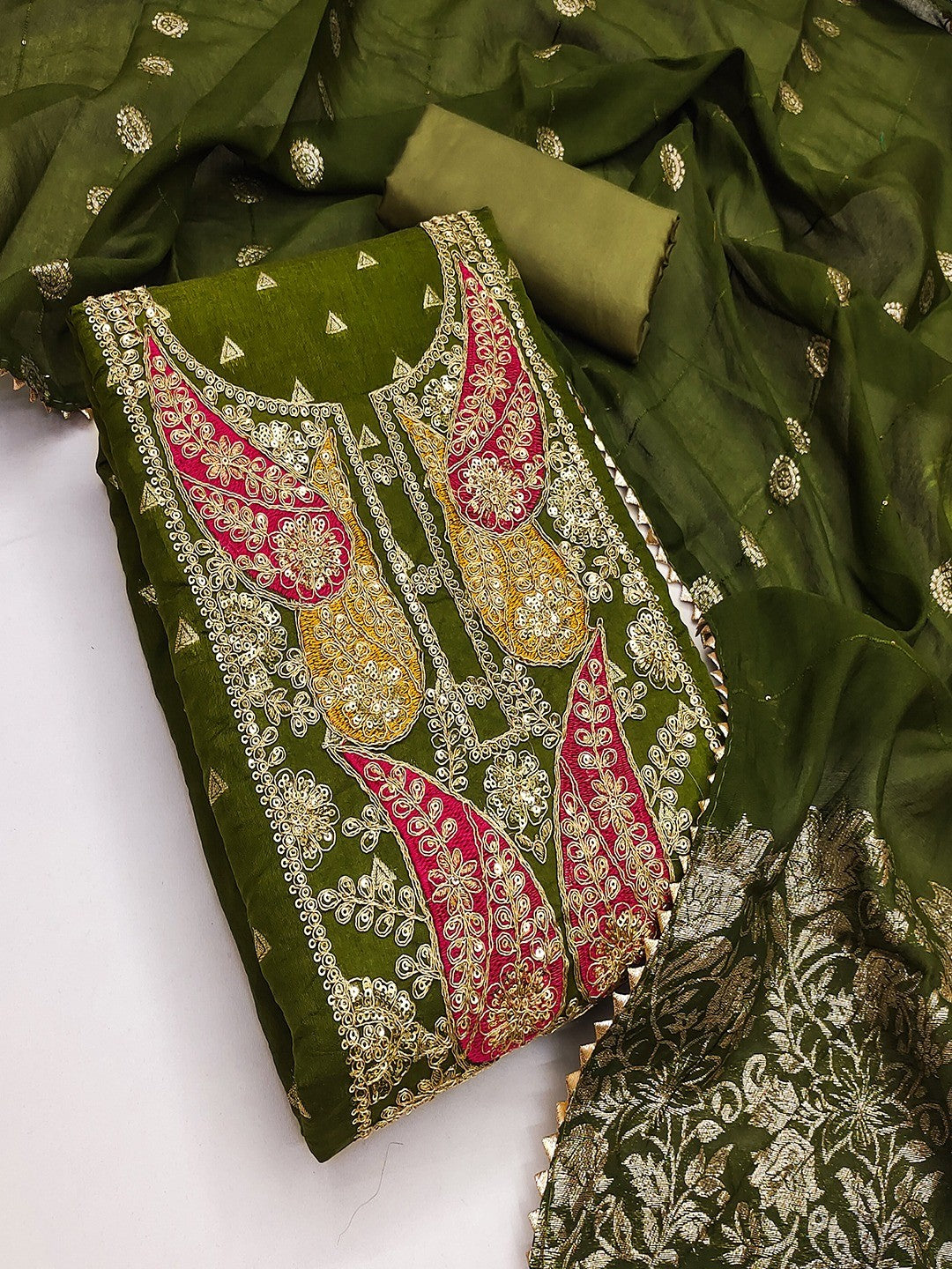 Green Banarasi Silk Dress Material with Coding Work & Zakhard Dupatta - Image 4