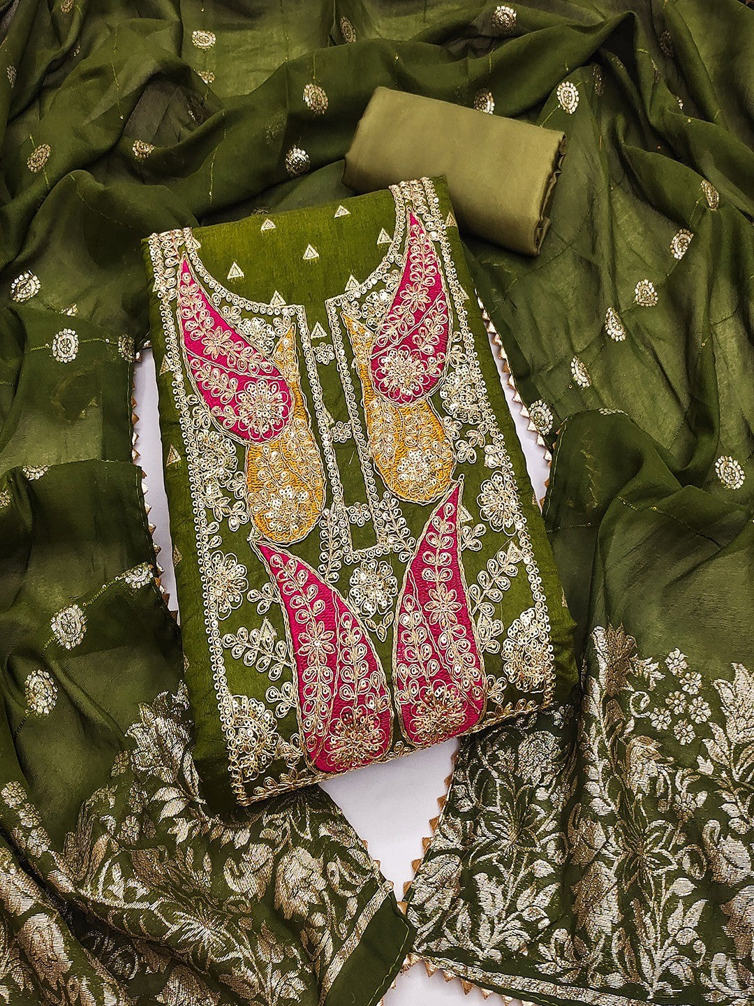Green Banarasi Silk Dress Material with Coding Work & Zakhard Dupatta - Image 4