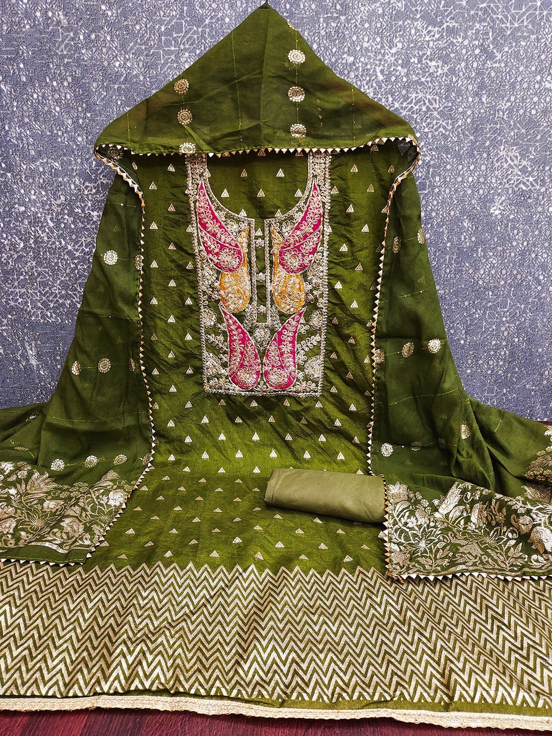 Green Banarasi Silk Dress Material with Coding Work & Zakhard Dupatta - Image 3
