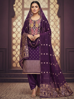 Purple Banarasi Silk Dress Material with Coding Work & Zakhard Dupatta - Image 1