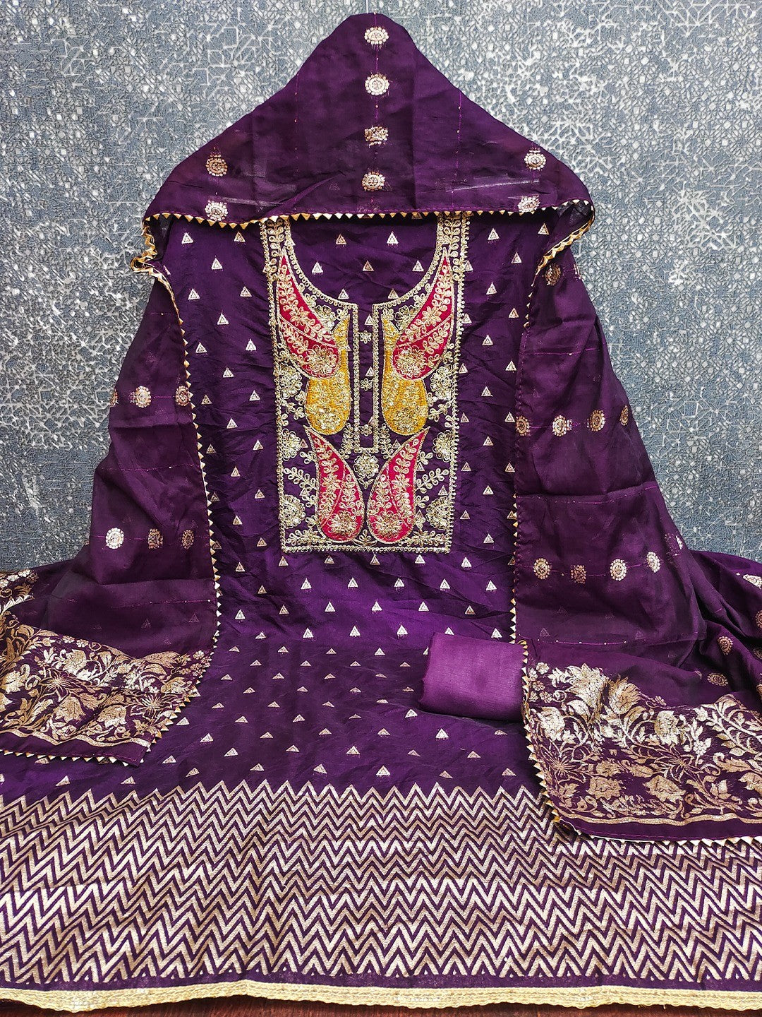 Purple Banarasi Silk Dress Material with Coding Work & Zakhard Dupatta - Image 3