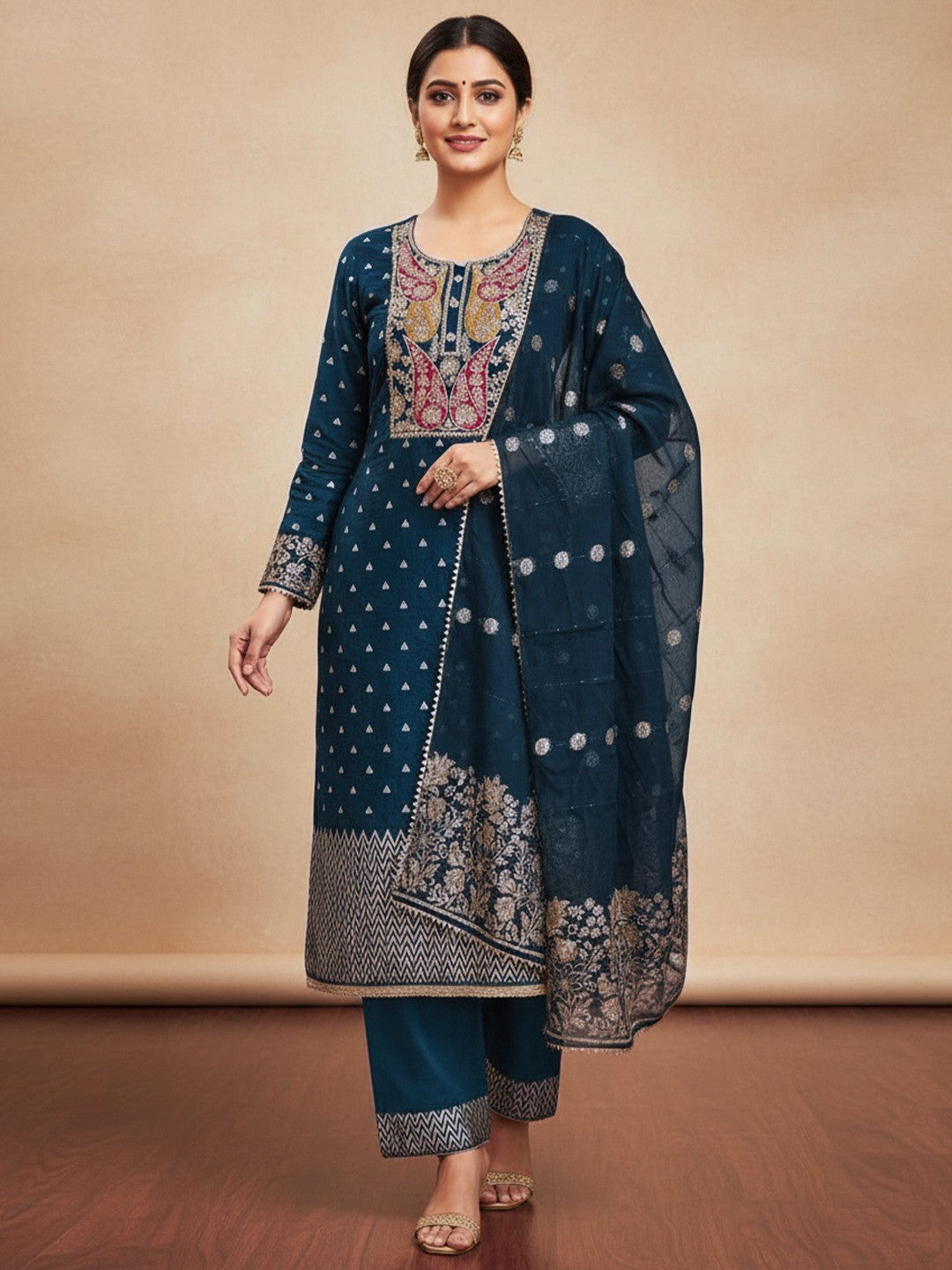 Teal Banarasi Silk Dress Material with Coding Work & Zakhard Dupatta - Image 1