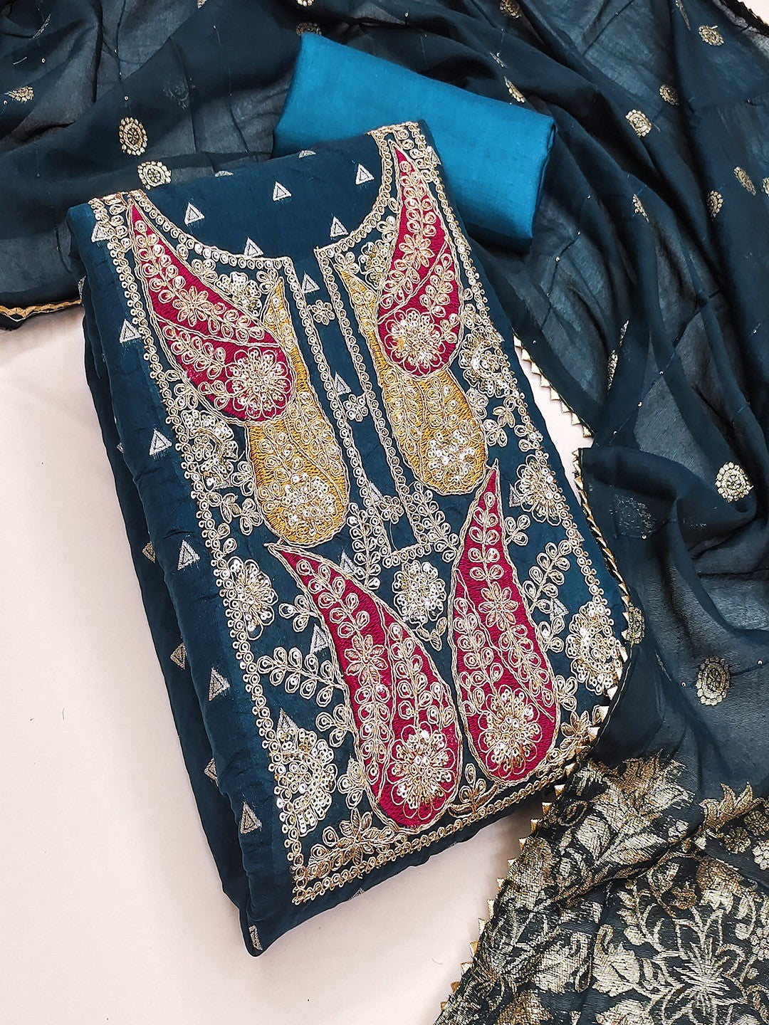 Teal Banarasi Silk Dress Material with Coding Work & Zakhard Dupatta - Image 3