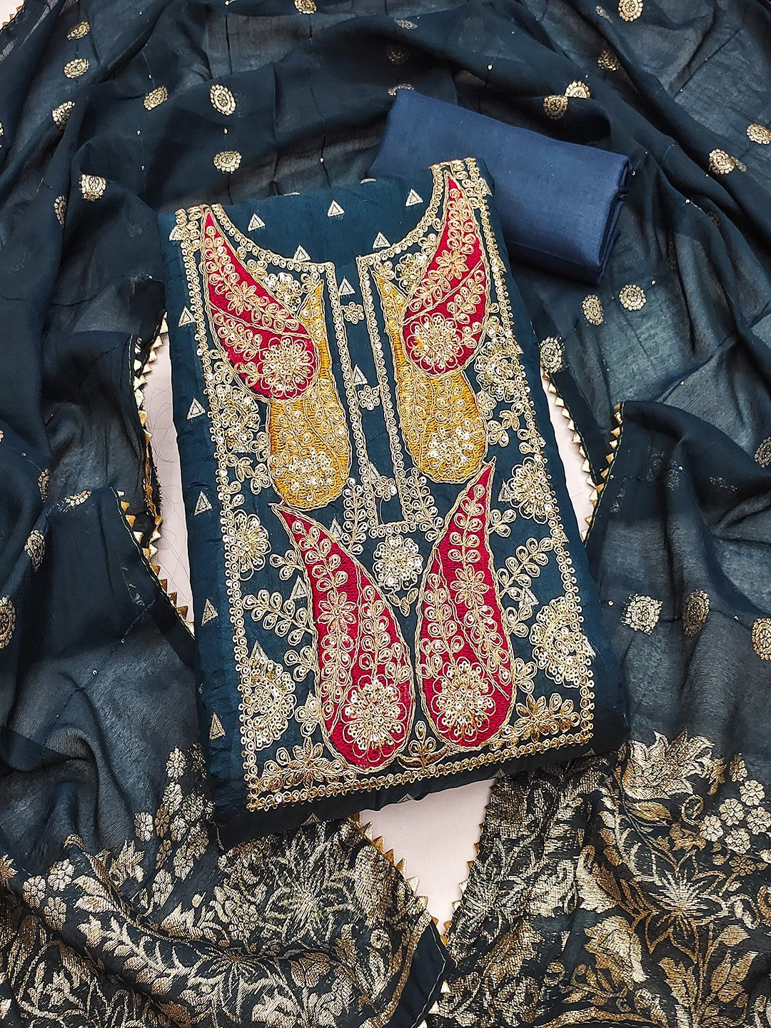 Teal Banarasi Silk Dress Material with Coding Work & Zakhard Dupatta - Image 5