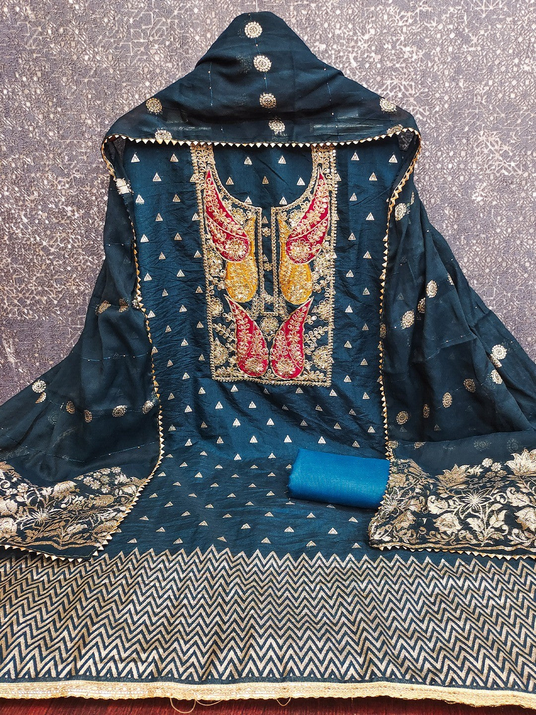 Teal Banarasi Silk Dress Material with Coding Work & Zakhard Dupatta - Image 3