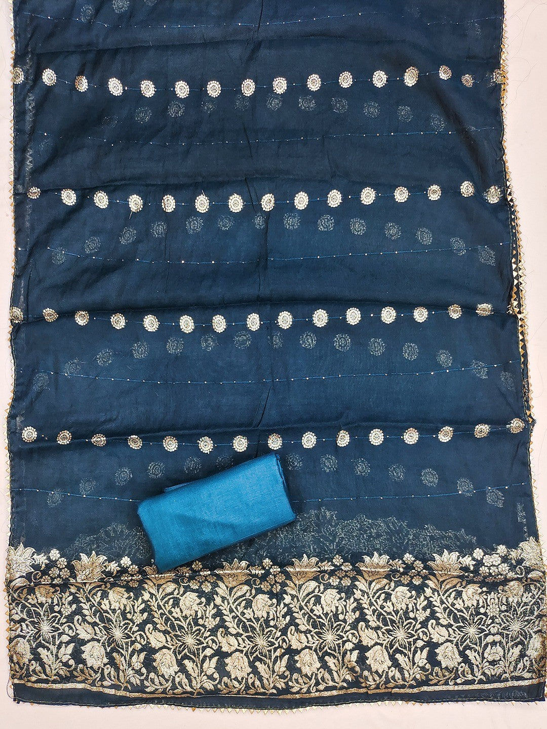 Teal Banarasi Silk Dress Material with Coding Work & Zakhard Dupatta - Image 4