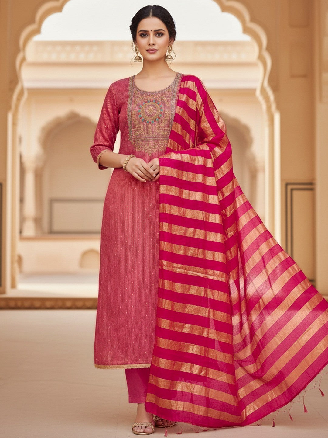 Pink Shimmer Suit Material with Elegant Embroidered Work - Image 2