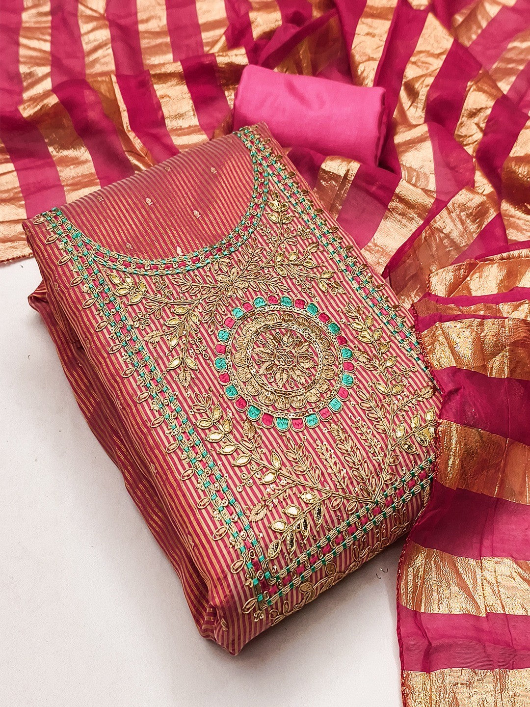 Pink Shimmer Suit Material with Elegant Embroidered Work - Image 1